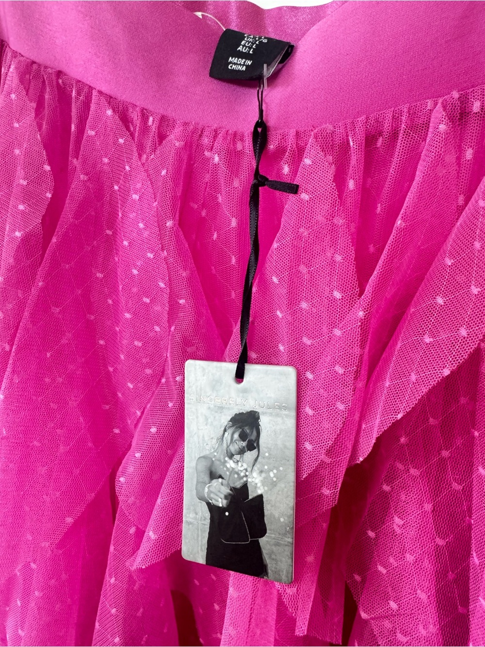 Sincerely Jules NWT Hot Pink Swiss Dot Tulle Ruffle Midi Skirt Size Large - Picture 3 of 10